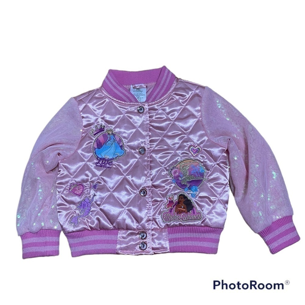 Disney Princess Varsity Jacket Sz 2 Pink Sequin Moana Cinderella